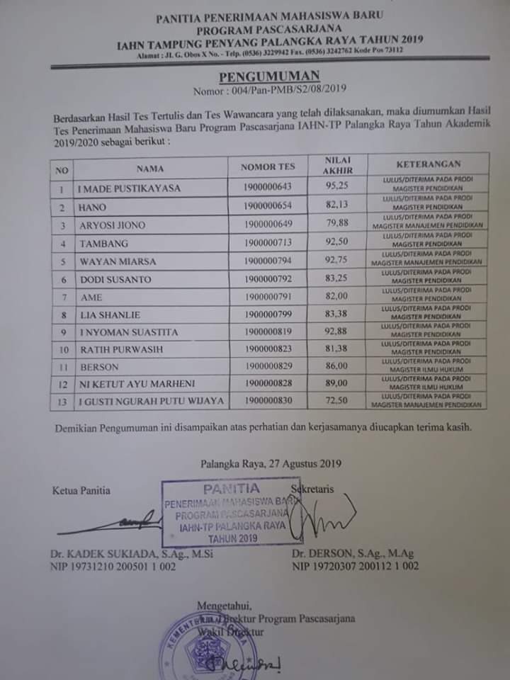 Hasil Tes Penerimaan Mahasiswa Baru