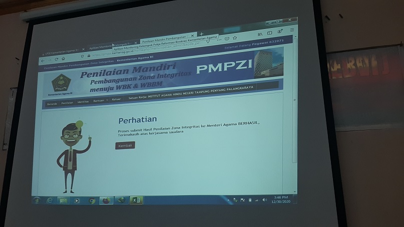 Data laporan Zona Integritas IAHN-TP Palangka Raya tahun 2020 berhasil tersubmit