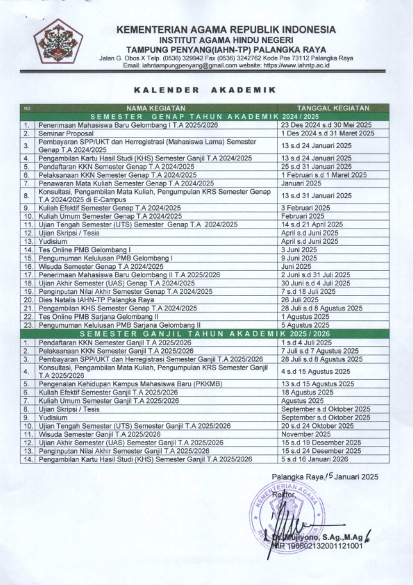 KALENDER AKADEMIK IAHN-TP PALANGKA RAYA 2025